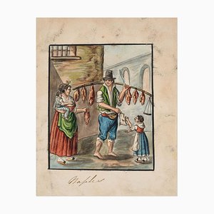 The Butcher - Encre et Aquarelle Originale par Anonymous Master Napolitain - 1800 Début 20ème Siècle