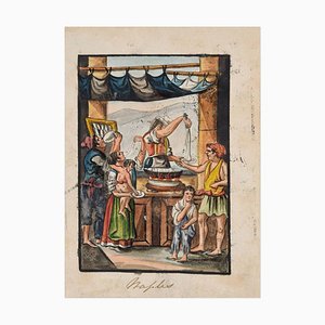 Vendedor de comida - Tinta original y acuarela de Anónimo Maestro napolitano - Siglo XIX, siglo XIX