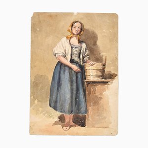 Country Woman -Original Ink and Watercolor by A. Aglio - Early 19th Century Early 19th Century