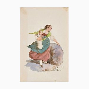 Mujer - Dibujo original en tinta y acuarela de G. Dura - Siglo XIX, siglo XIX
