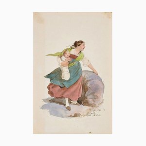 Woman - Original Ink Drawing and Watercolor by G. Dura - 19th Century 19th Century