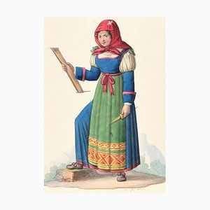 Woman in Costume - Original Ink Watercolor by M. De Vito - Early 1800 Early 19th Century