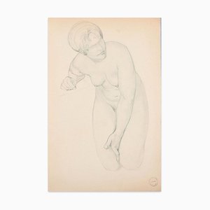 Nudo inginocchiato - Disegno originale a matita di Paul Garin, metà XX secolo, metà XX secolo