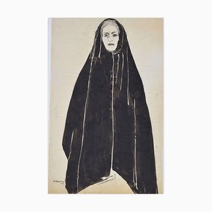 Femme au Manteau Noir - Dessin à l'Encre et à l'Aquarelle par F. David - 1949 1949