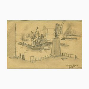 London Harbor - Original Charcoal Drawing by RL Antral - 1930s