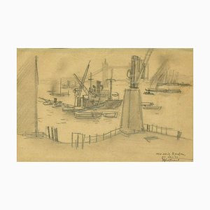 Port de Londres - Dessin au Fusain Original par RL Antral - 1930s 1930s