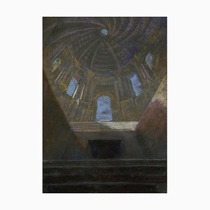 Interior of Church - Pastel Drawing by E. Barberis - Mid 20th 20th Century Mid 20th Century
