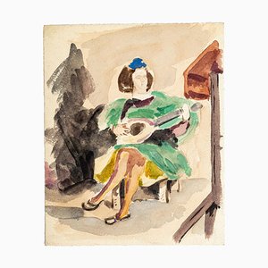 La Guitariste - China Ink and Watercolor Drawing by Jean Chapin - Early 1900 Early 1900