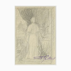 Portrait of Pope in Saint Peter - Original Pencil Drawing by F. Gaillard Late 19th Century