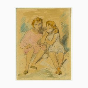 Sitting Children - Pencil and Watercolor Drawing by A. Devéria -Mid 19th Century Mid 19th Century