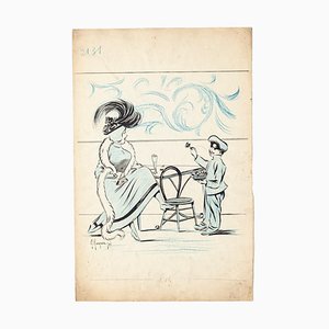 Cafe - Original Zeichnung auf Papier von G. Garguer - 20th Century 20th Century