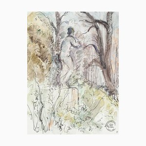 Solo en el bosque: tinta original y acuarela de S. Goldberg, años 50
