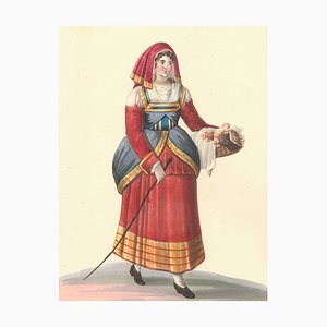 Italian Woman with Chickens - Watercolor by M. De Vito - 1820 ca. 1820 c.a.