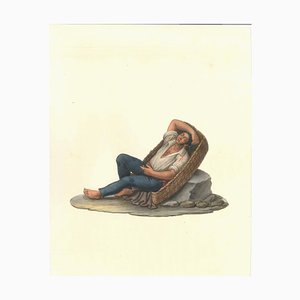 Man in a Basket - Watercolor by M. De Vito 1820 c.a.