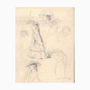 Fashionable Woman - Original pencil drawing de E. Morin - Mid 19th 19th Mid-Century 1800