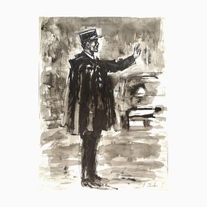 Policeman - Original Tempera and Watercolor by J.L. Rey Vila 1950s