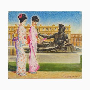 Kimonos at Versailles - Dessin Pastel Original par Emile Deschler - 1984 1984