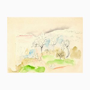 Landscape - Drawing in Ink and Watercolor und auf Papier von Gérard Guyomard 20. Jahrhundert