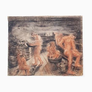 Sauna - Original Drawing in Charcoal e Sanguine on Paper - 20th Century 20th Century