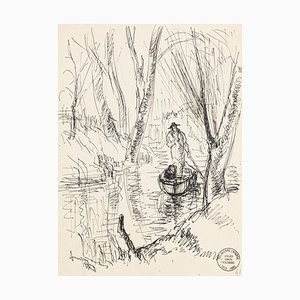 Stampa Boatman - Original Pen Drawing by S. Goldberg - Mid 20th 20th Century Mid 20th Century