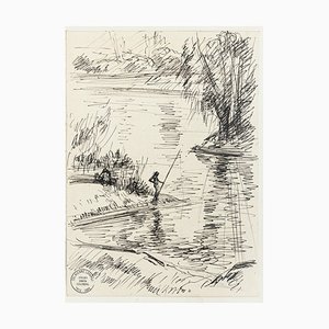 Fisherman - Original Pen Zeichnung von S. Goldberg - Mid 20th Century Mid 20th Century