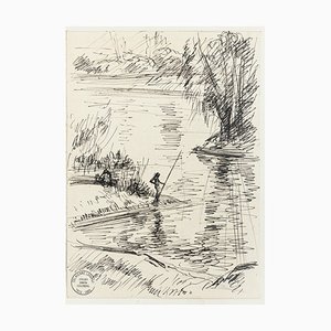 Pêcheur - Dessin Original Pen par S. Goldberg - Milieu 20ème Siècle 20ème Siècle