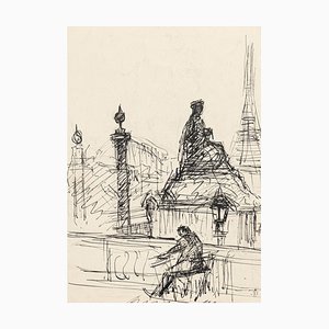 Disegno Loneliness a Parigi - Original Pen Drawing by S. Goldberg - Mid 20th 20th Century Mid 20th Century