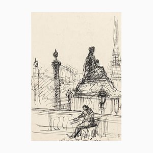 Loneliness in Paris - Dessin Original Pen par S. Goldberg - Milieu 20ème Siècle 20ème Siècle