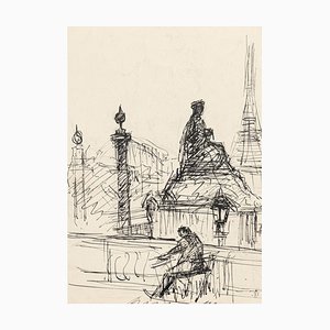 Loneliness in Paris - Original Pen Drawing by S. Goldberg - Mid 20th Century Mid 20th Century