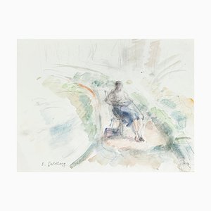 Lonely Woman - Original Pencil and Watercolor by S. Goldberg - Mid 20th Century Mid 20th Century