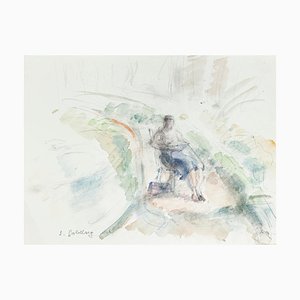 Lonely Woman - Original Pencil and Watercolor von S. Goldberg - Mid 20th Century Mid 20th Century