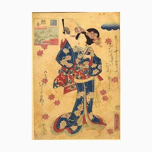 Mujer oriental con ventilador - Original grabado sobre madera de Utagawa Kunisada - década de 1860-1860 aprox.