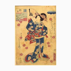 Woodrast Oriental avec Ventilateur - Woodcut Original par Utagawa Kunisada - 1860s 1860 ca.