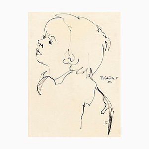 Portrait - Marqueur Noir Original sur Papier par T. Gertler - 1950s 1950s