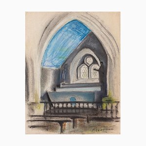 Intérieur d'une Chapelle - Pastel sur Papier Original par Pierre Segogne - 1950s