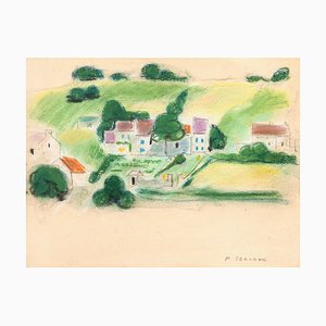 Campo con casas de campo - Pastel original sobre papel de Pierre Segogne - años 50