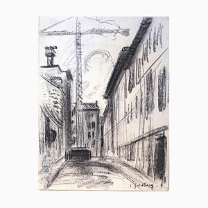 Cityscape - Original Charcoal Drawingr by S. Goldberg - Mid 20th Century Mid 20th Century