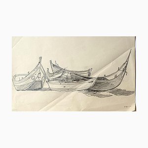 Boats - Original Pencil Drawing - Mid 20th Century Mid 20th Century