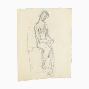 Nudo seduto - Disegno originale a matita e pastello di Jeanne Daour - anni '50