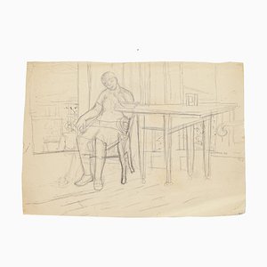 Figure in Interior - Original Pencil Drawing by Jeanne Daour - 1940 1940