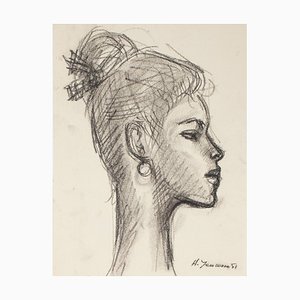 Portrait de Femme - Dessin au Crayon et au Fusain par H. Yencesse - 1951 1951