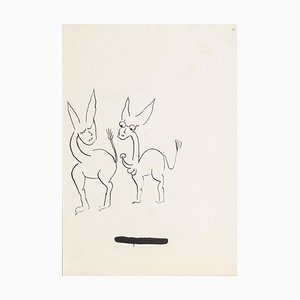 Two Donkeys - China Ink Drawing by Boris Ravitch - Mid 20th Century Mid 20th Century