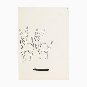 Two Donkeys - Dessin à l'Encre de Chine par Boris Ravitch - Milieu 20ème Siècle 20ème Siècle