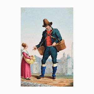 The Peddler - Original Ink and Watercolor by Anonymous Italian Artist - 1800 19th Century