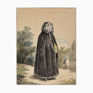Portrait of Young Woman - Tusche, Bleistift & Pastell Zeichnung von Französischem Künstler 1800 19. Jahrhundert
