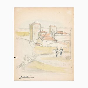 Landscape - Original Bleistift und Aquarell von EC Jodelet - Mid 20th Century Mid 20th Century