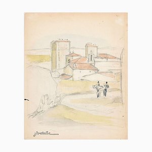 Paysage - Crayon et Aquarelle par EC Jodelet - Milieu 20ème Siècle 20ème Siècle