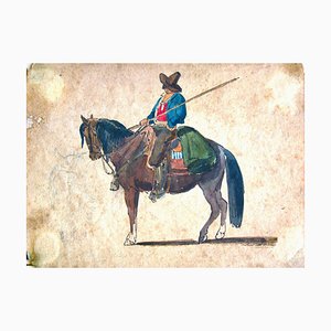 A Cowboy on the Horse - Encre et Aquarelle par C. Coleman - Fin 1800 Fin 19ème Siècle