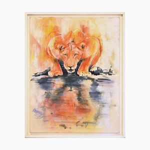 Lioness by the Water - Original Oil on Canvas by Marij Hendrickx - Early 2000s Early 2000s