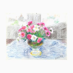 Fleurs dans un Vase- Dessin Original Pastel à l'Huile par G. Halff - Fin 20ème Siècle